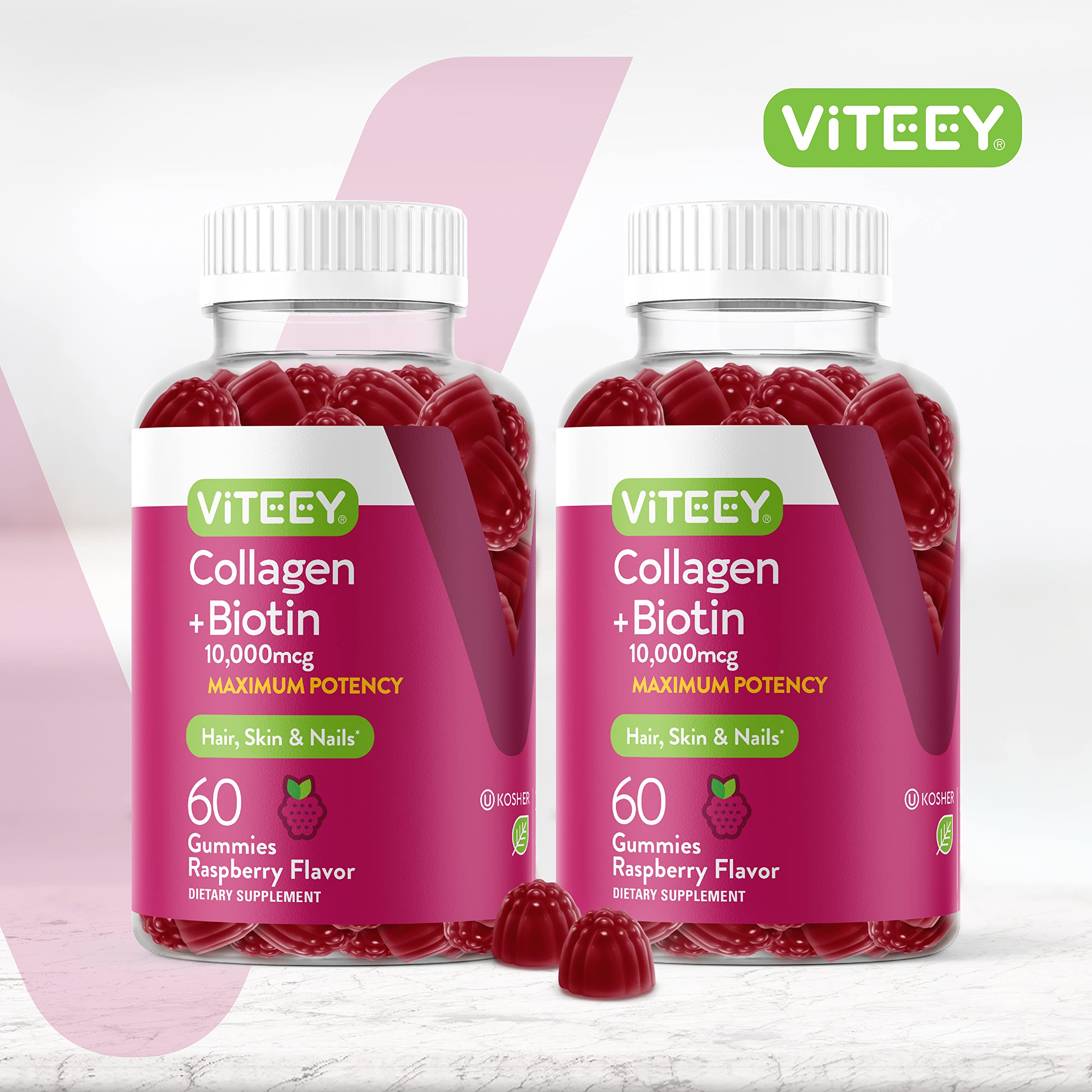 Two gummies serving delivers collagen and biotin for hair and nails.