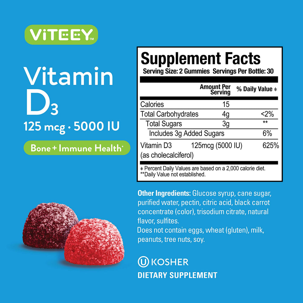 Two Viteey D3 gummies displayed to illustrate easy dose