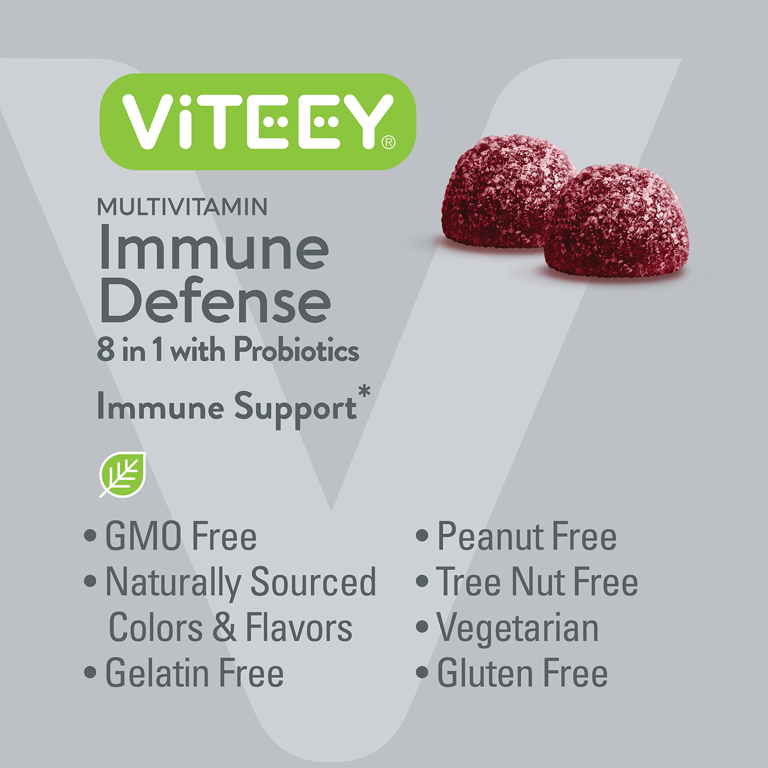 Viteey gelatin-free vegetarian chewables bottle highlighting plant-based formulation.