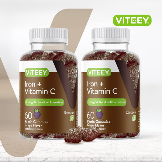 Viteey grape-flavored gummies close-up for easy chewable iron on the go.