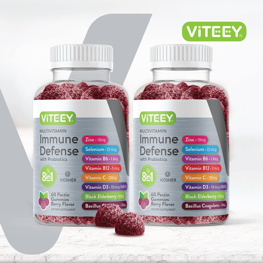 Viteey immune-support gummies box close-up highlighting 8-in-1 formula and probiotic blend.