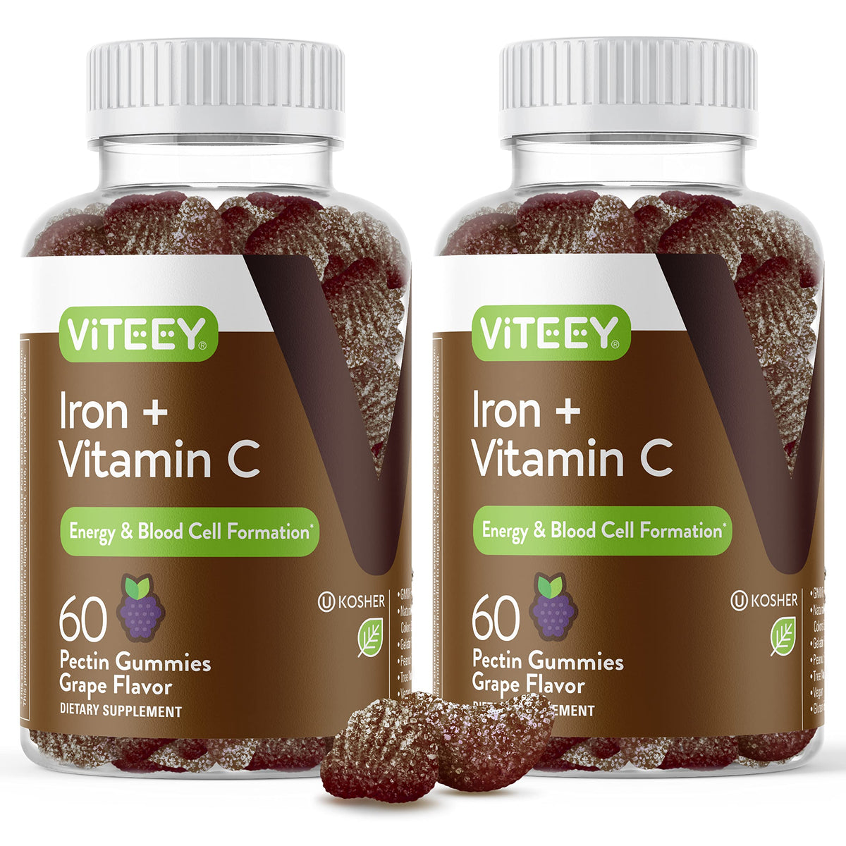 Viteey Iron Gummies bottle with grape flavor for convenient daily energy support.