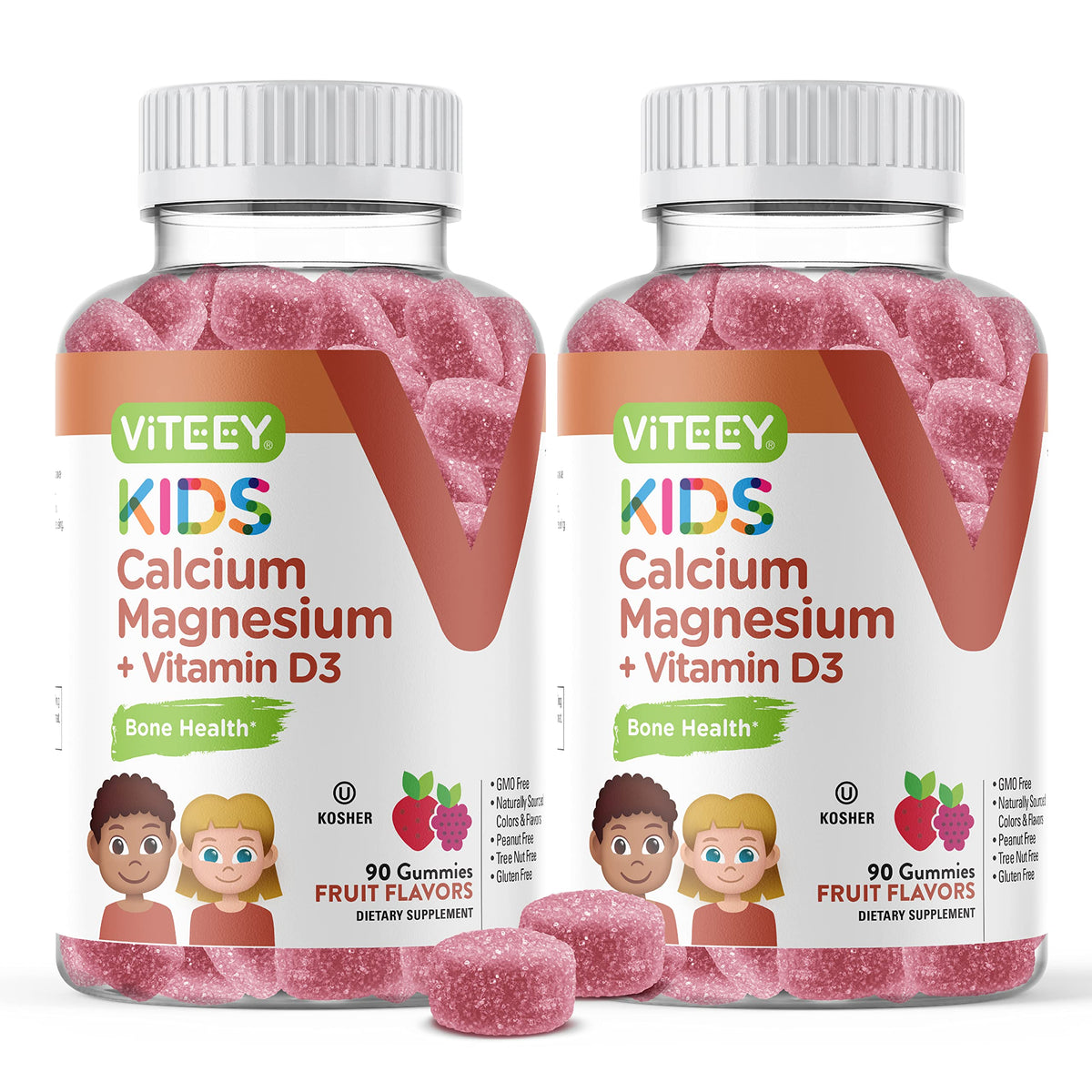 Viteey Kids Calcium Gummies bottle front showing fruit flavor for daily bone health support