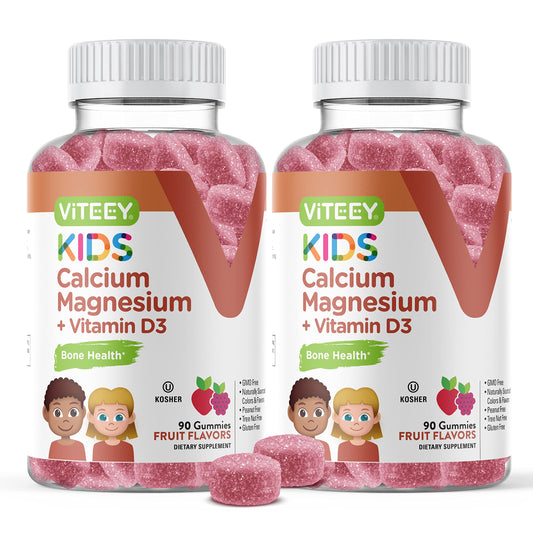 Viteey Kids Calcium Gummies bottle front showing fruit flavor for daily bone health support