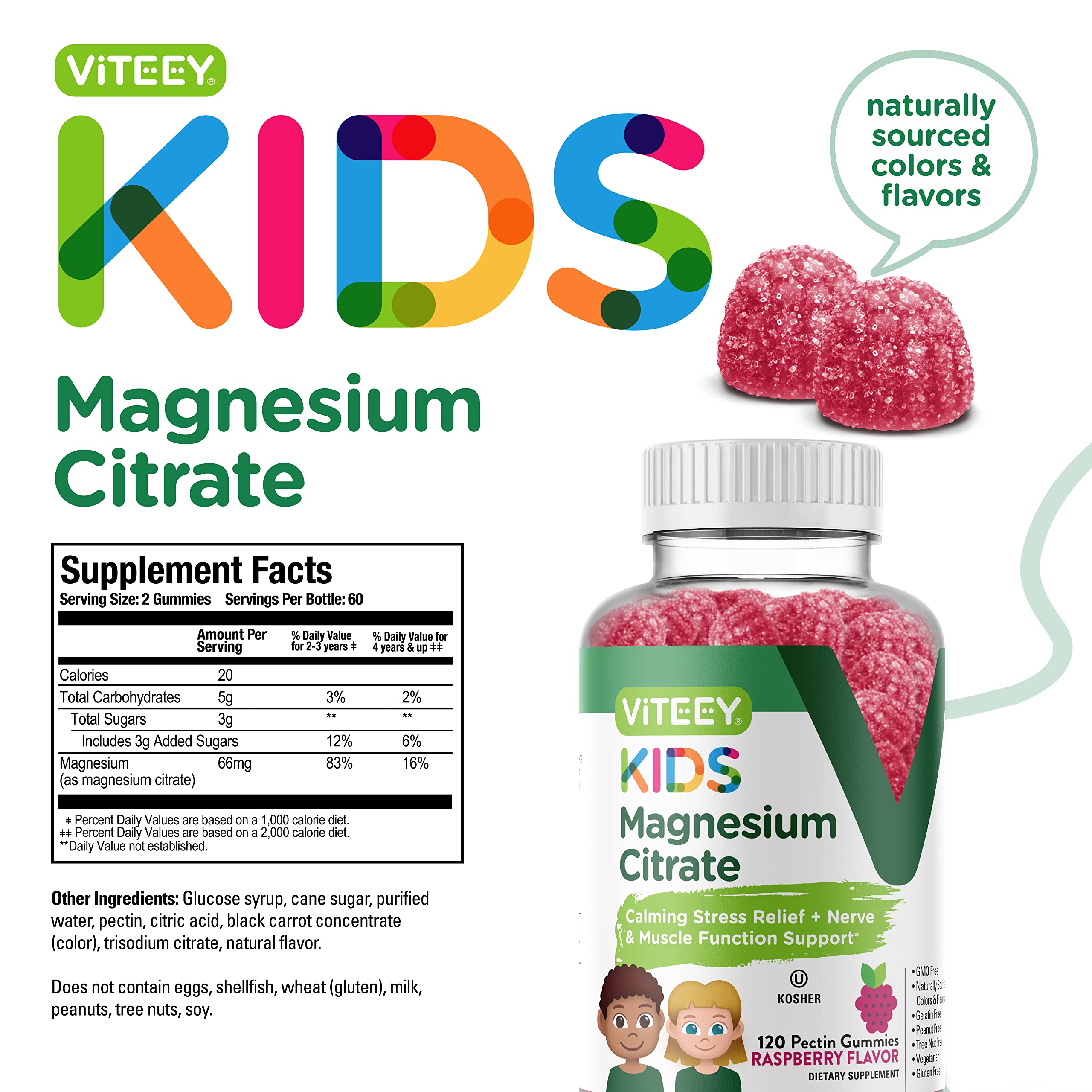 Viteey Kids Magnesium Citrate Gummies kosher label and quality seal.