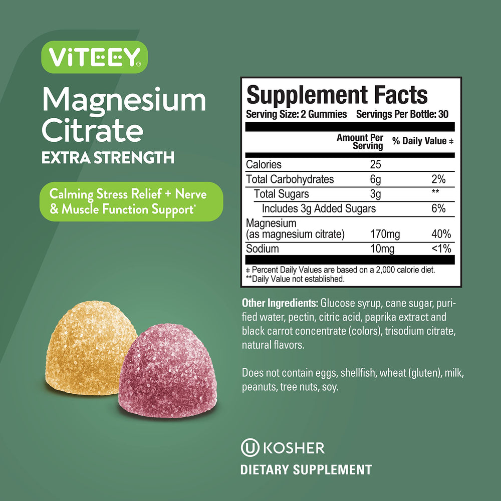 Viteey Magnesium Gummies label and packaging showing vegan and gluten-free features