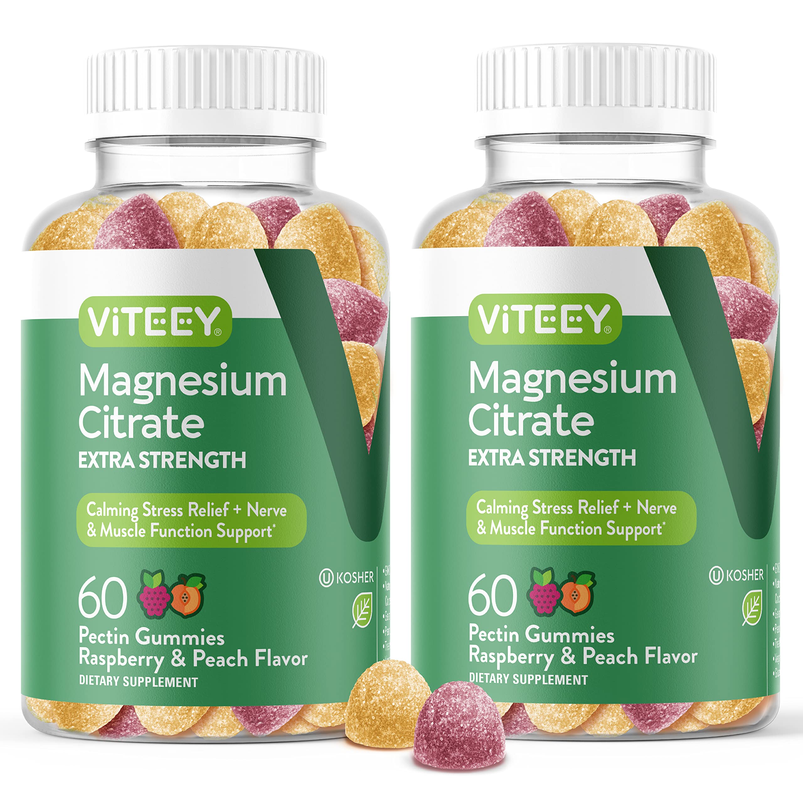 Viteey Magnesium Gummies bottle with raspberry-peach flavor for daily calm support
