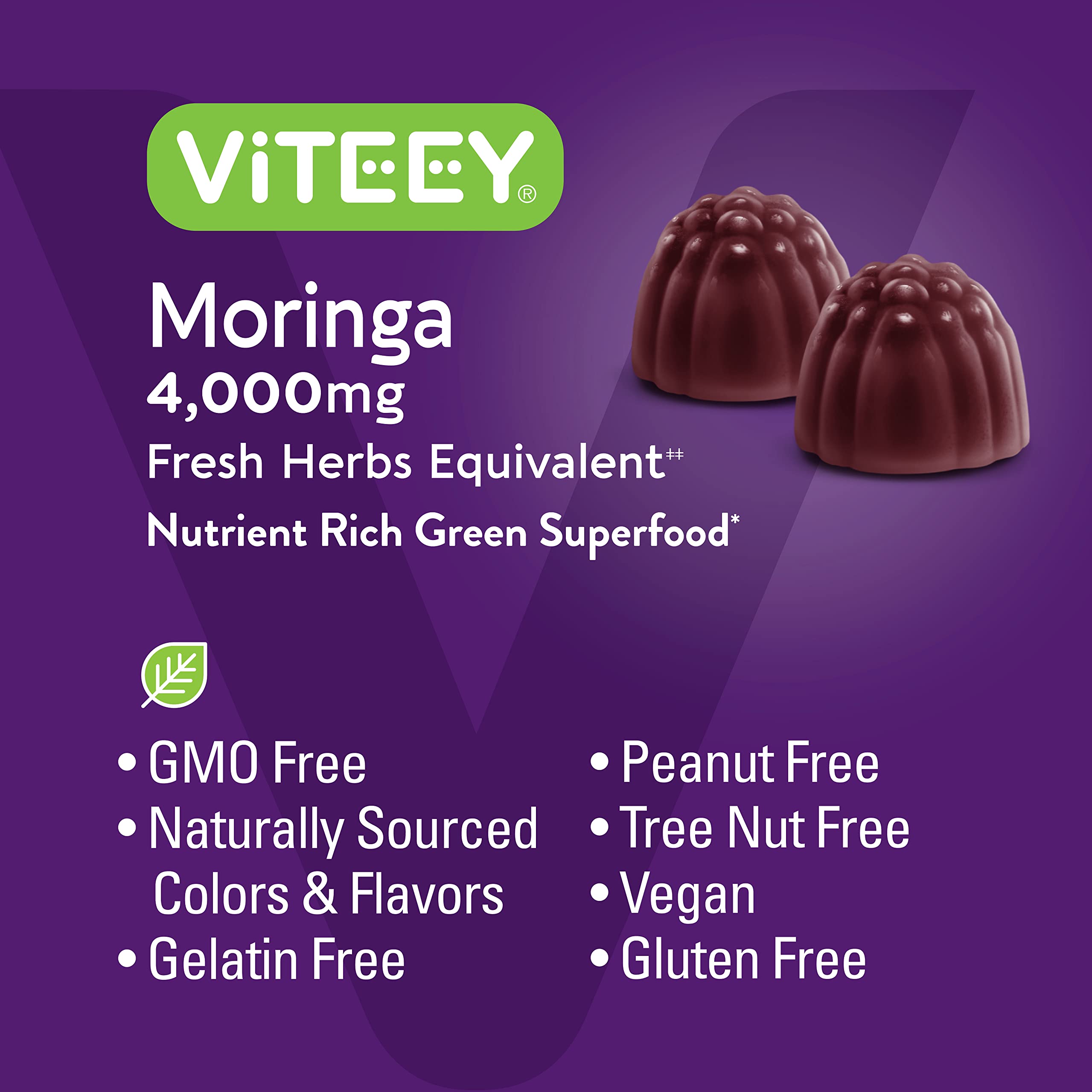 Viteey Moringa Gummies ingredients board highlighting vegan and gluten-free.