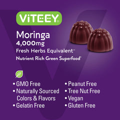 Viteey Moringa Gummies ingredients board highlighting vegan and gluten-free.