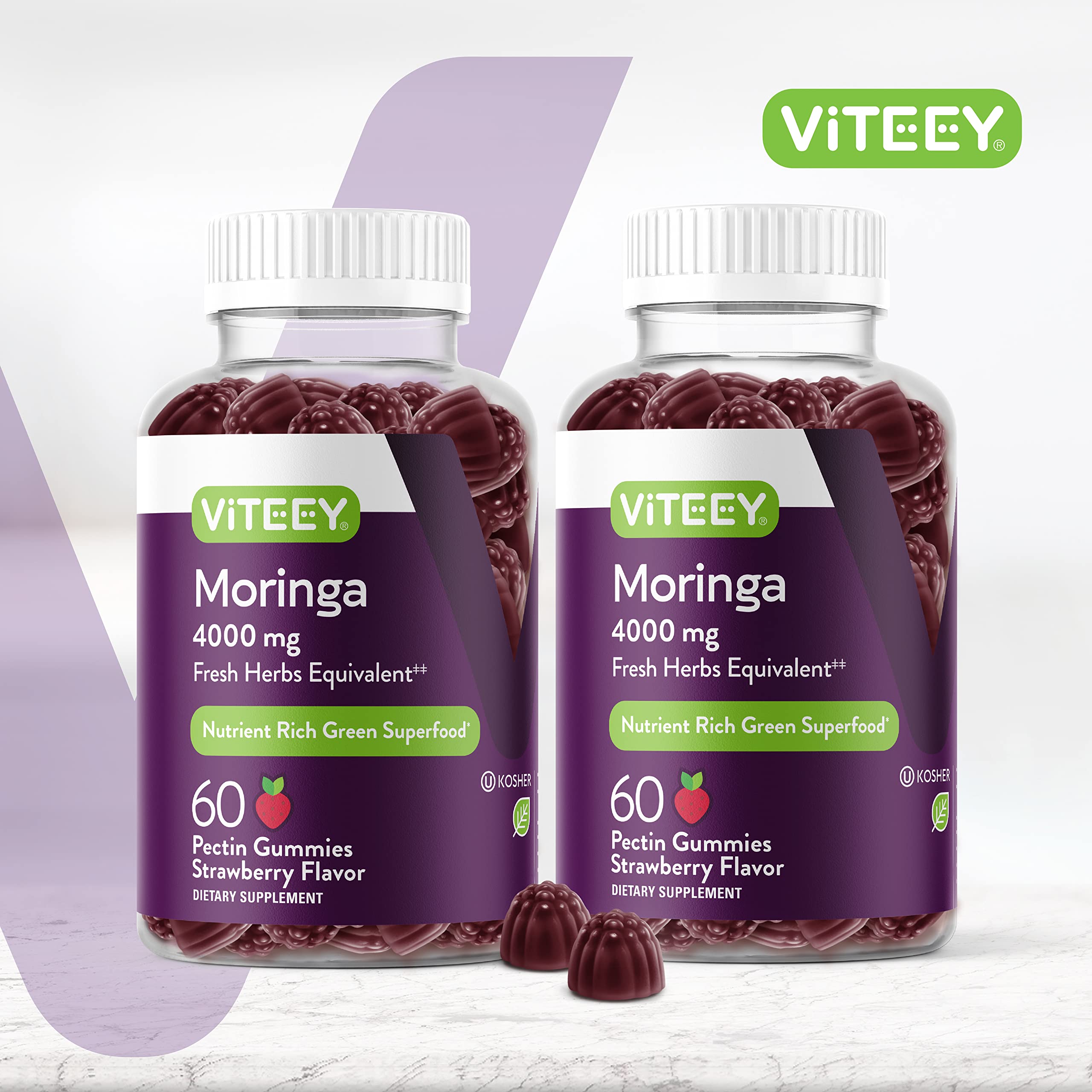 Viteey Moringa Gummies label close-up highlighting 4000 mg per serving.