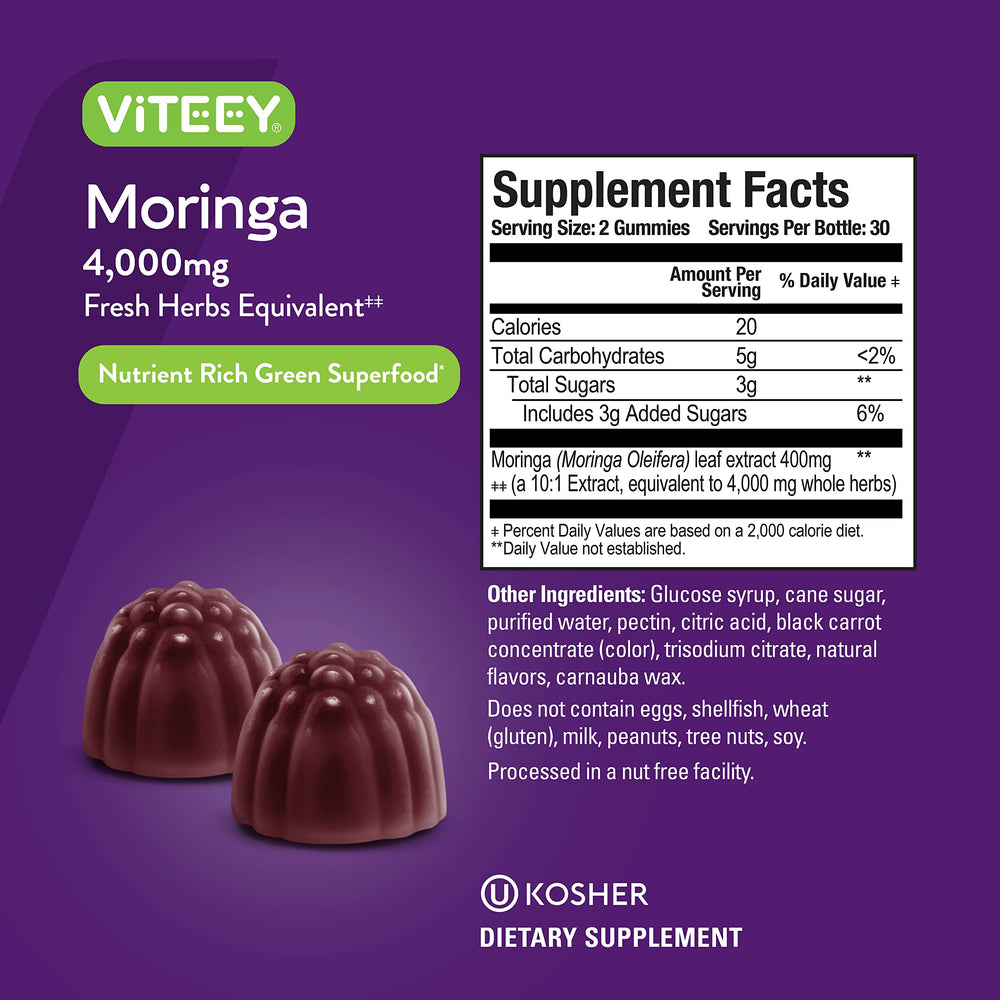 Viteey Moringa Gummies serving suggestion shows two gummies.