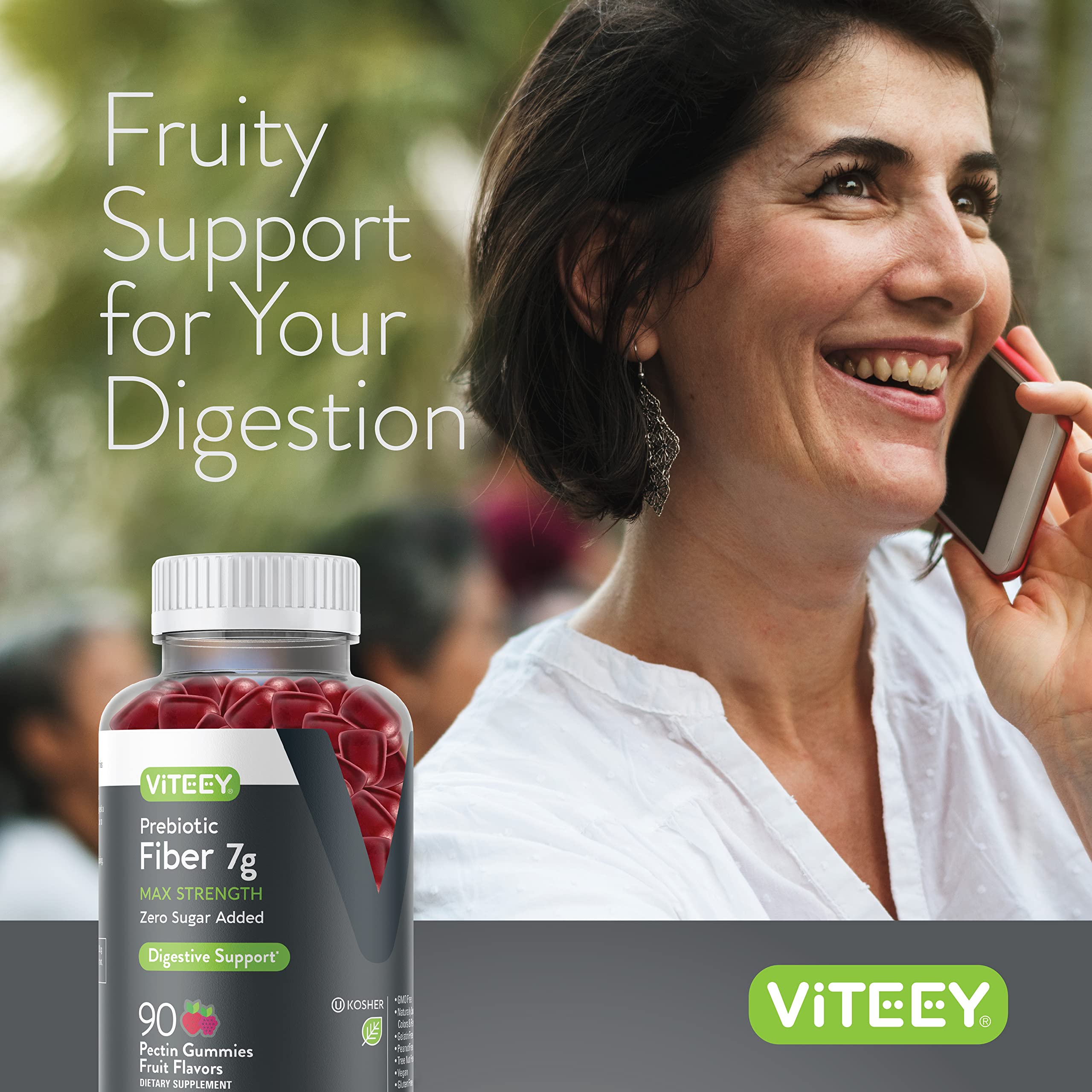 Viteey Prebiotic Fiber Gummies pack shot highlighting vegan and gluten-free features