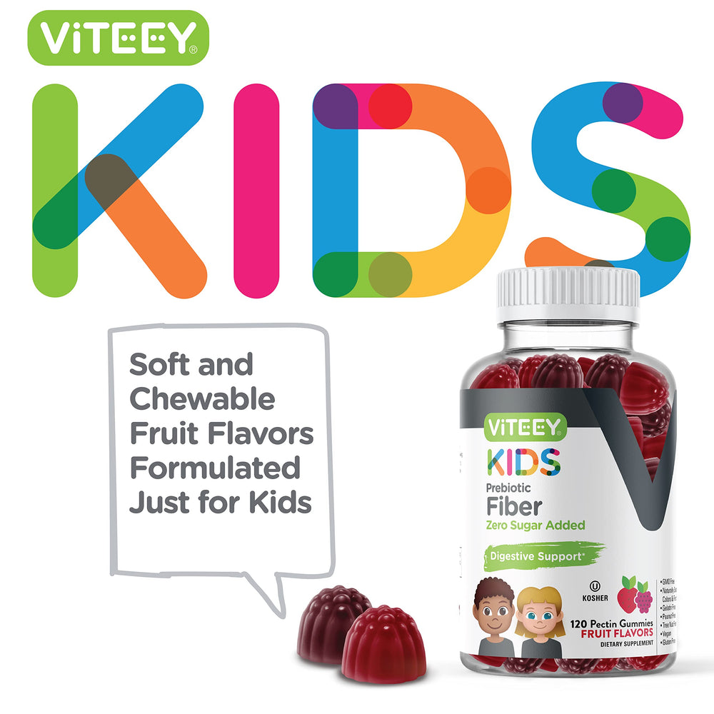 Viteey Prebiotic Kids Fiber gummies closeup shows fruity flavor and chewable form.