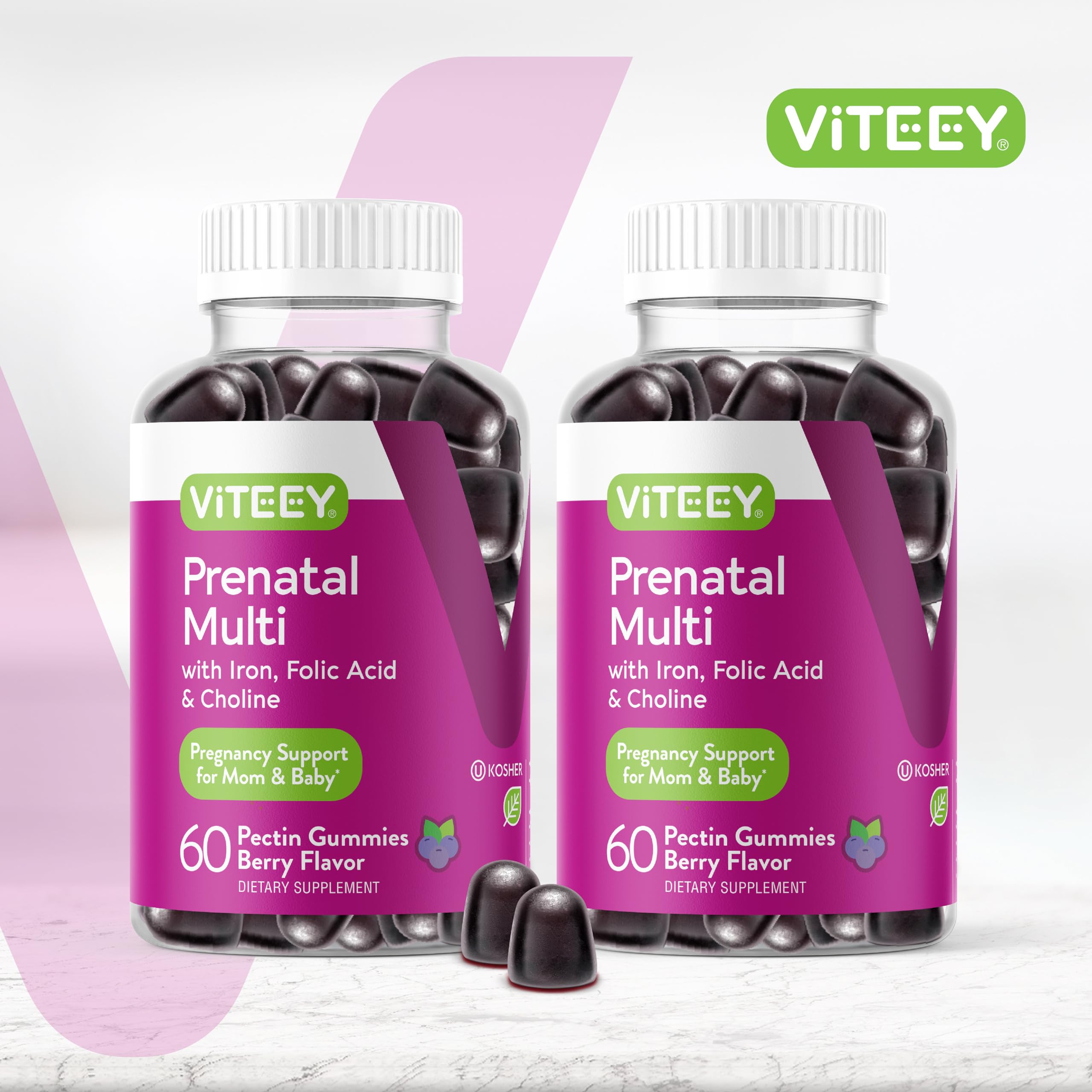 Viteey Prenatal Gummies bottle back highlighting nutrition facts.