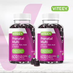 Viteey Prenatal Gummies bottle back highlighting nutrition facts.
