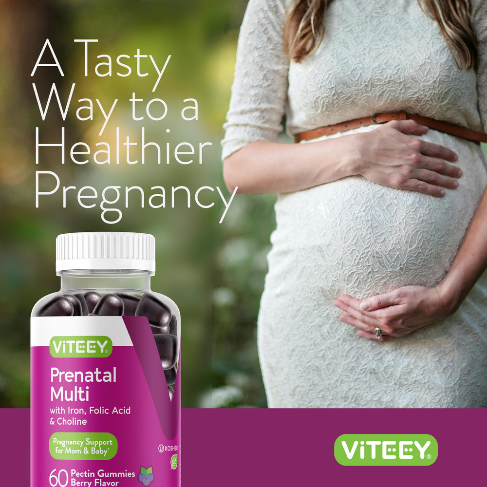 Viteey Prenatal Gummies label featuring natural colors for clean ingredients.