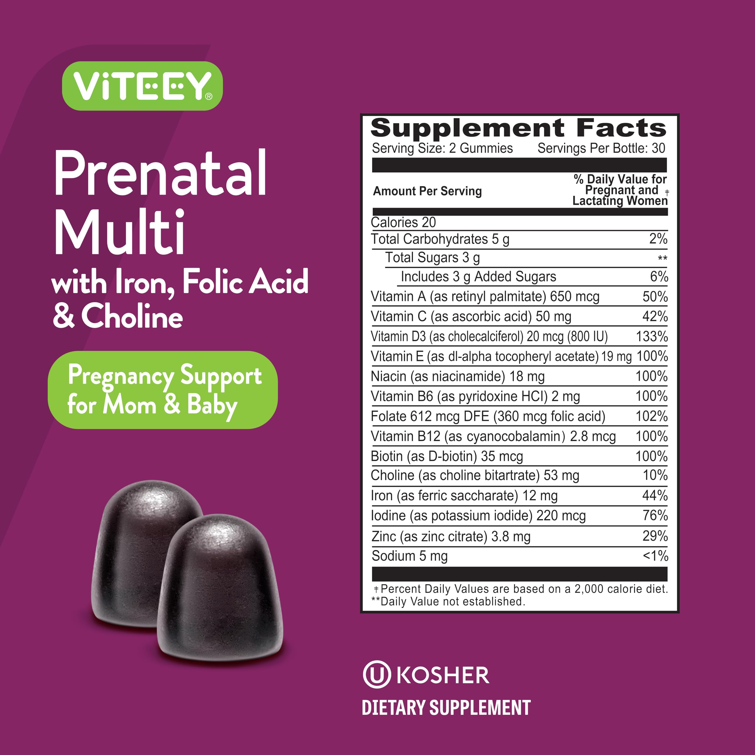 Packaging shot of Viteey Prenatal Gummies with vegetarian and gluten-free icons.