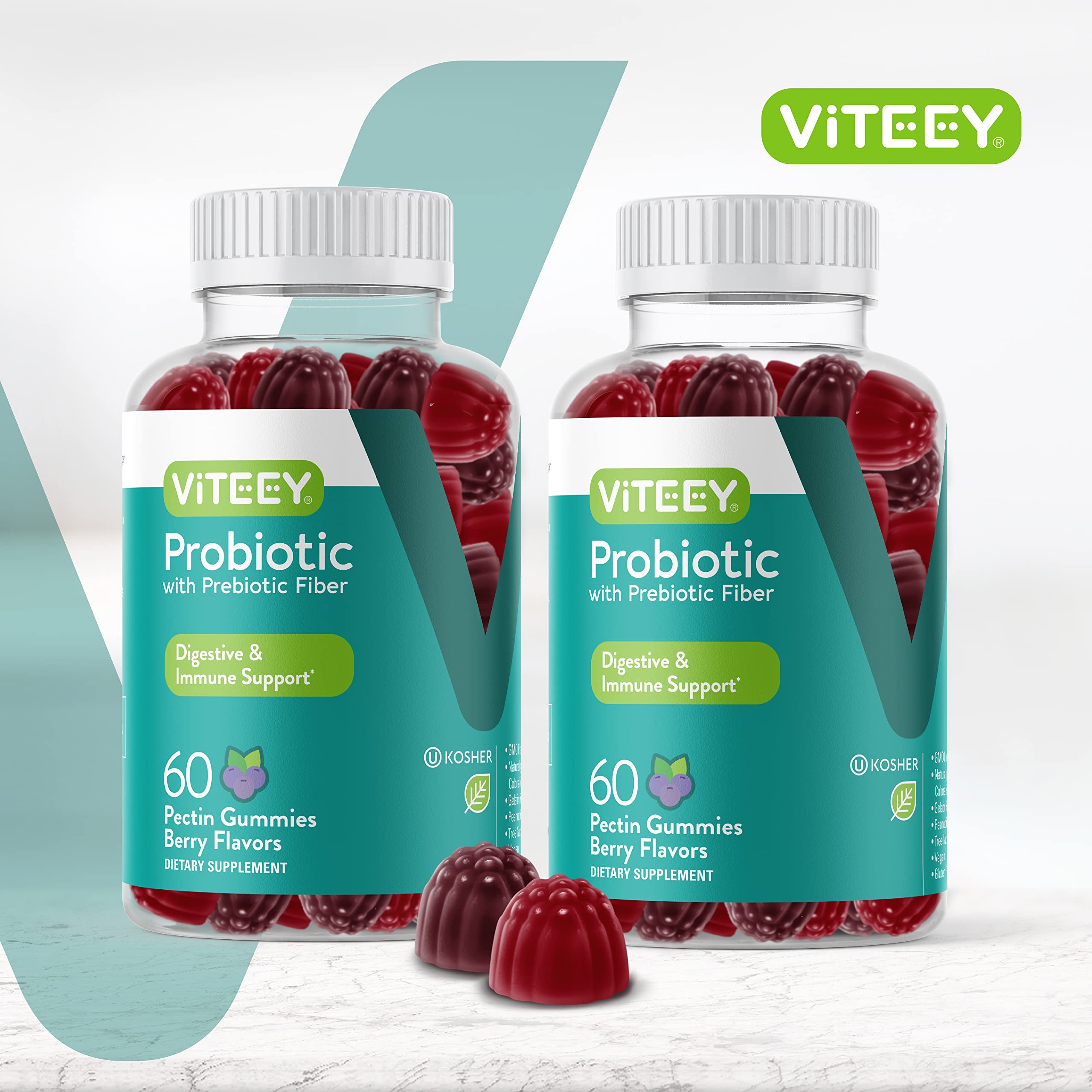 Viteey probiotic gummies with prebiotics ingredients highlight digestive balance