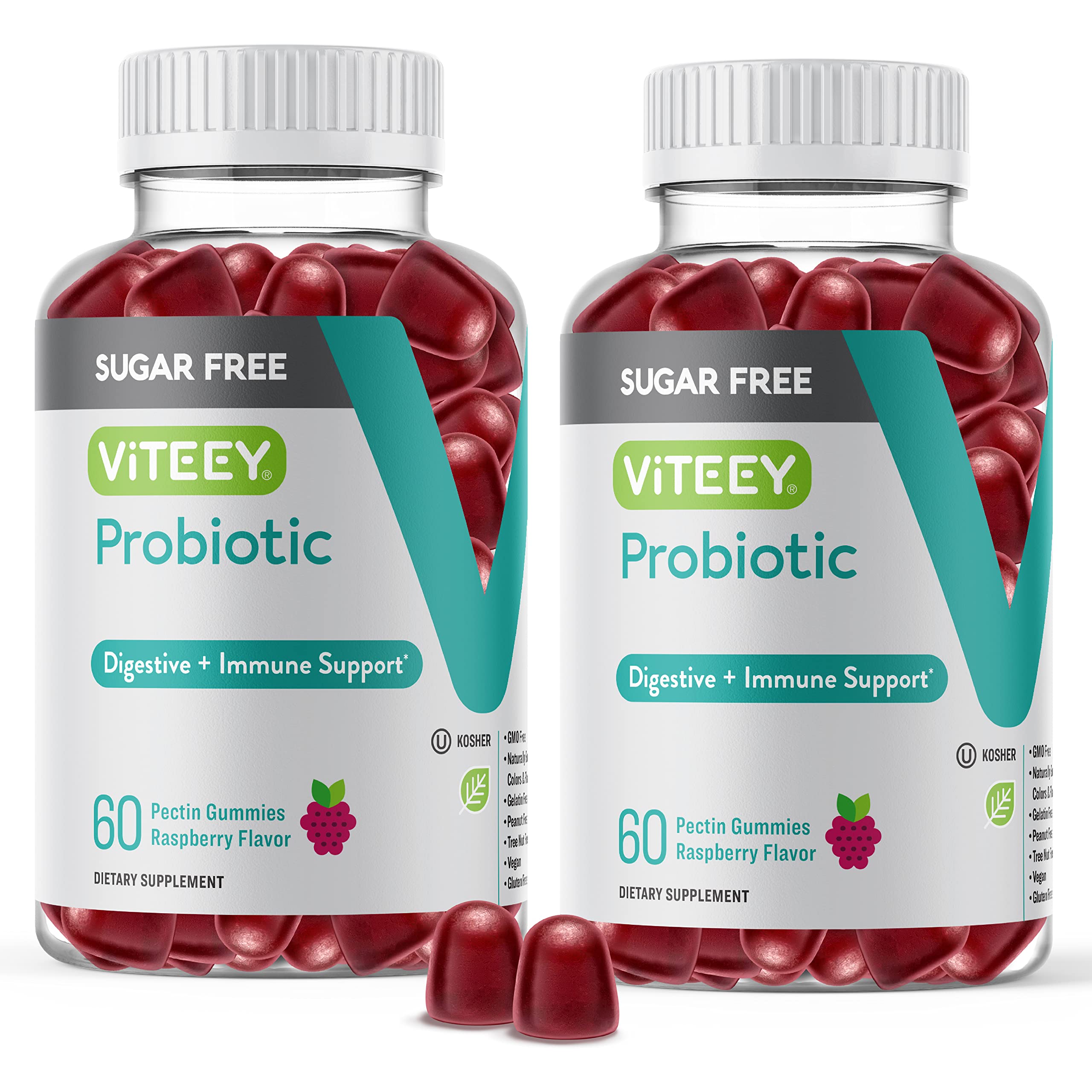 Viteey probiotic gummies raspberry bottle supports daily digestion and immune health.