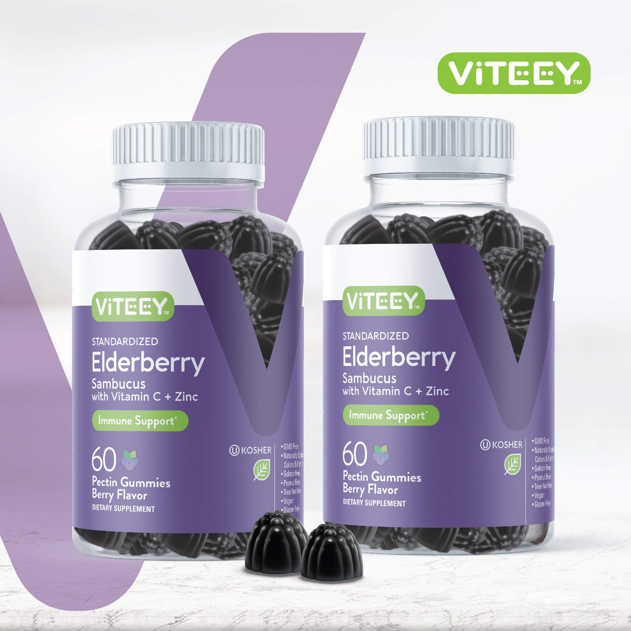 Viteey Sambucus Elderberry Gummies packaging label highlights vegan, gluten-free goodness.