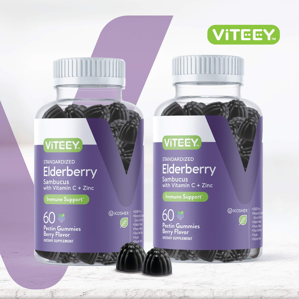Viteey Sambucus Elderberry Gummies packaging label highlights vegan, gluten-free goodness.