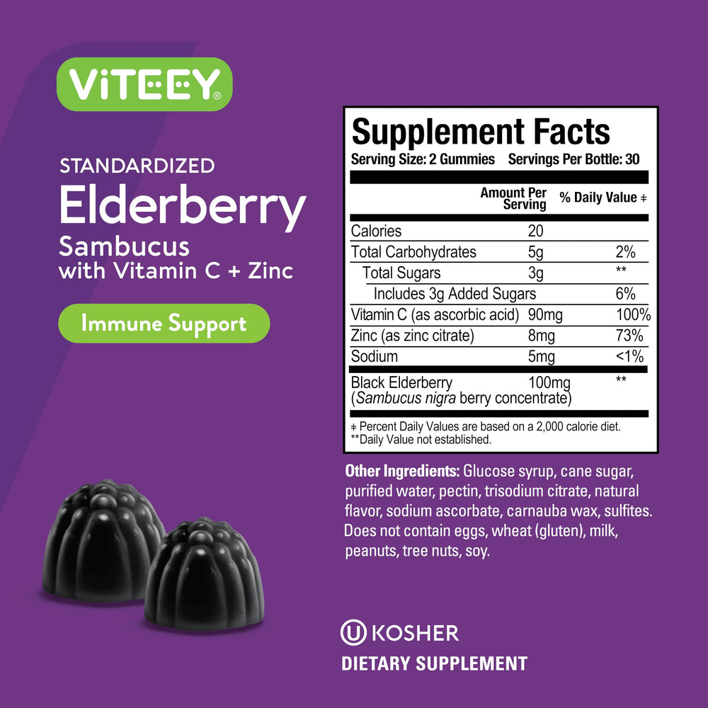 Viteey Sambucus Elderberry Gummies serving image emphasizes two gummies per dose for daily wellness.