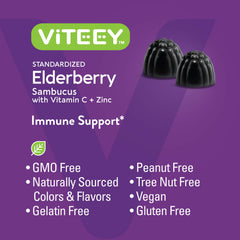 Viteey Sambucus Elderberry Gummies vegan gluten-free icons reassure dietary compatibility.