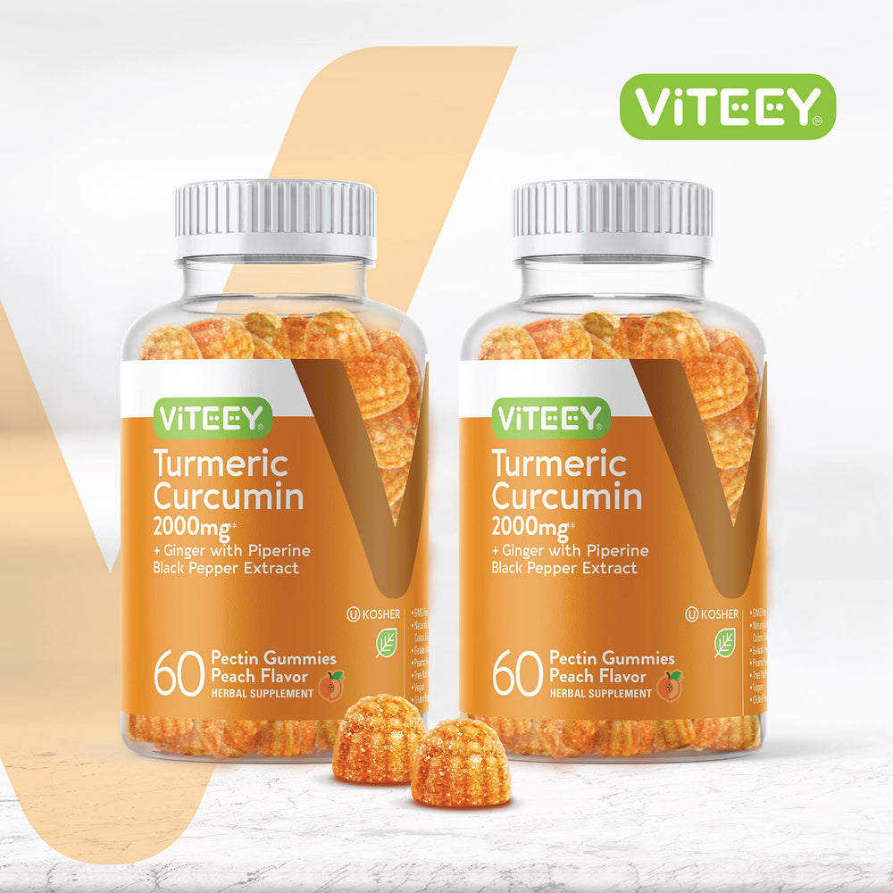 Close-up of Viteey gummies highlighting peach flavor and chewy texture