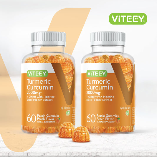 Close-up of Viteey gummies highlighting peach flavor and chewy texture