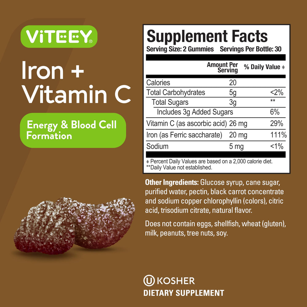 Viteey vegan iron supplement features plant-based, gelatin-free formula.