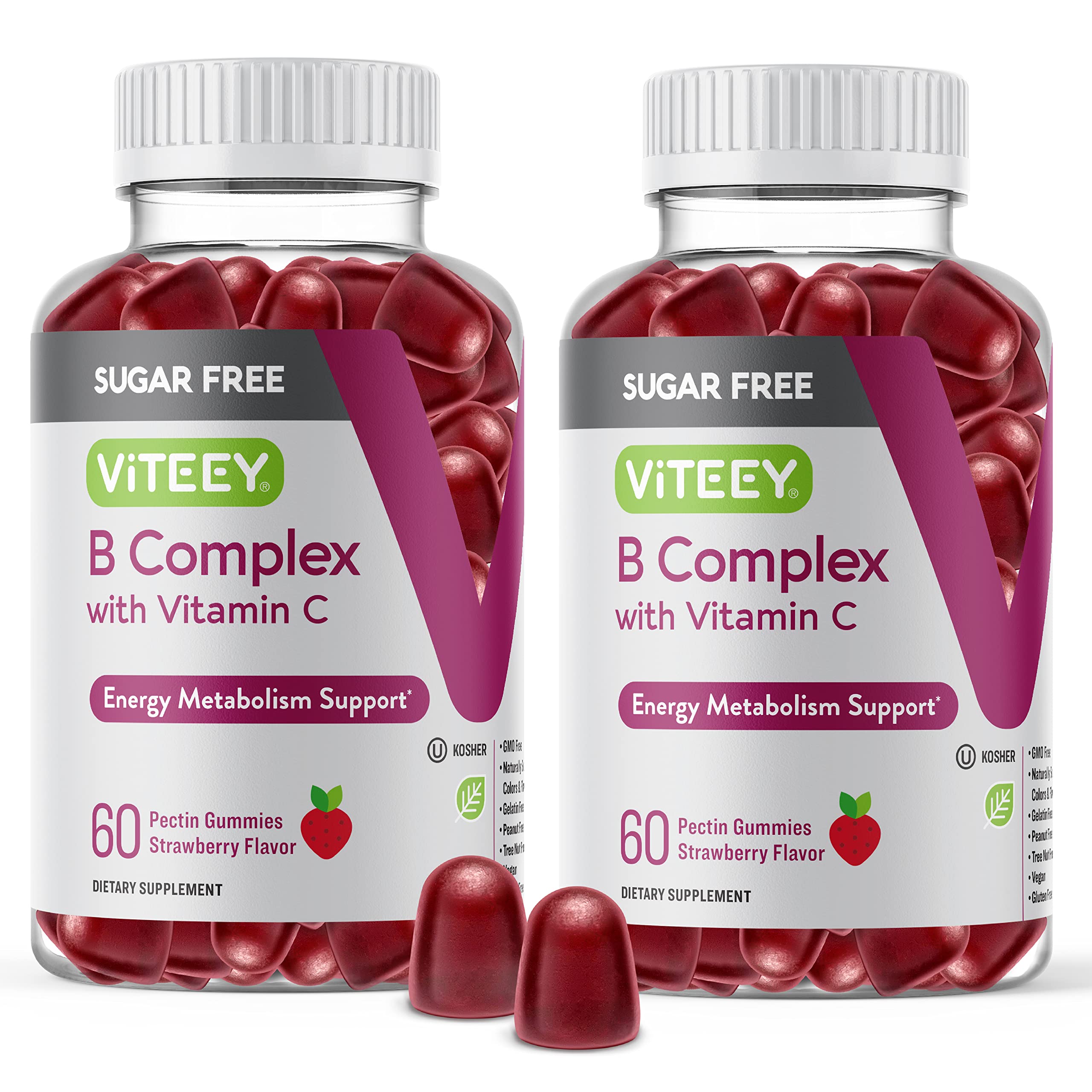 Viteey Vitamin B Complex bottle with strawberry gummies for daily energy support