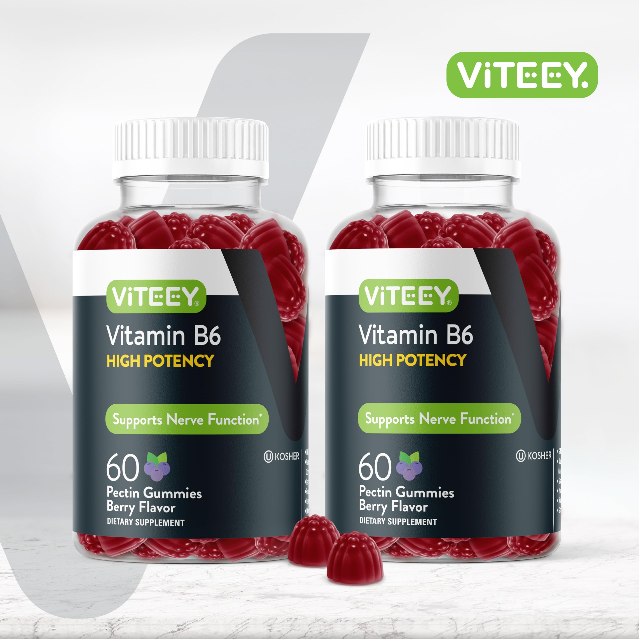 Viteey Vitamin B6 Gummies label highlighting vegan and gluten-free attributes.