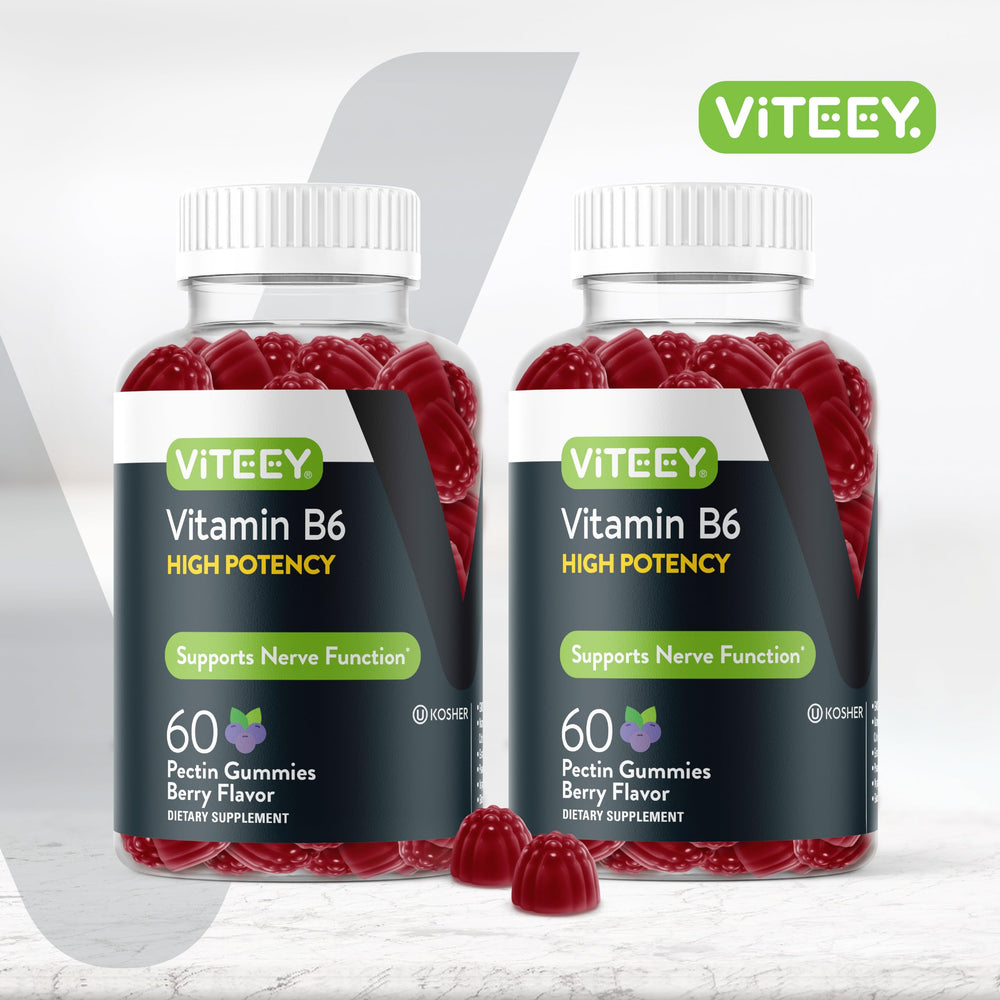 Viteey Vitamin B6 Gummies label highlighting vegan and gluten-free attributes.