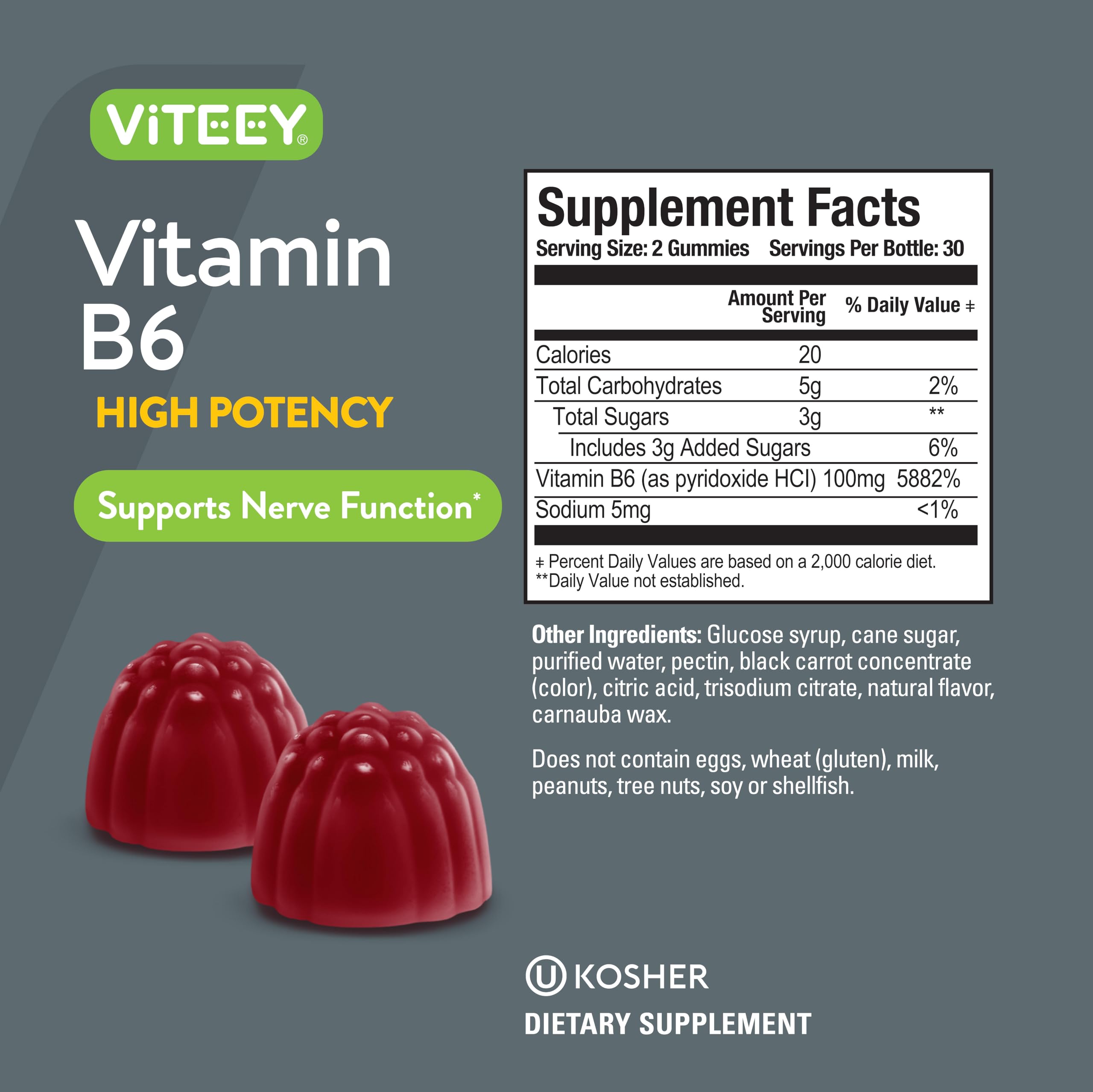 Viteey Vitamin B6 Gummies serving image shows daily dosage.