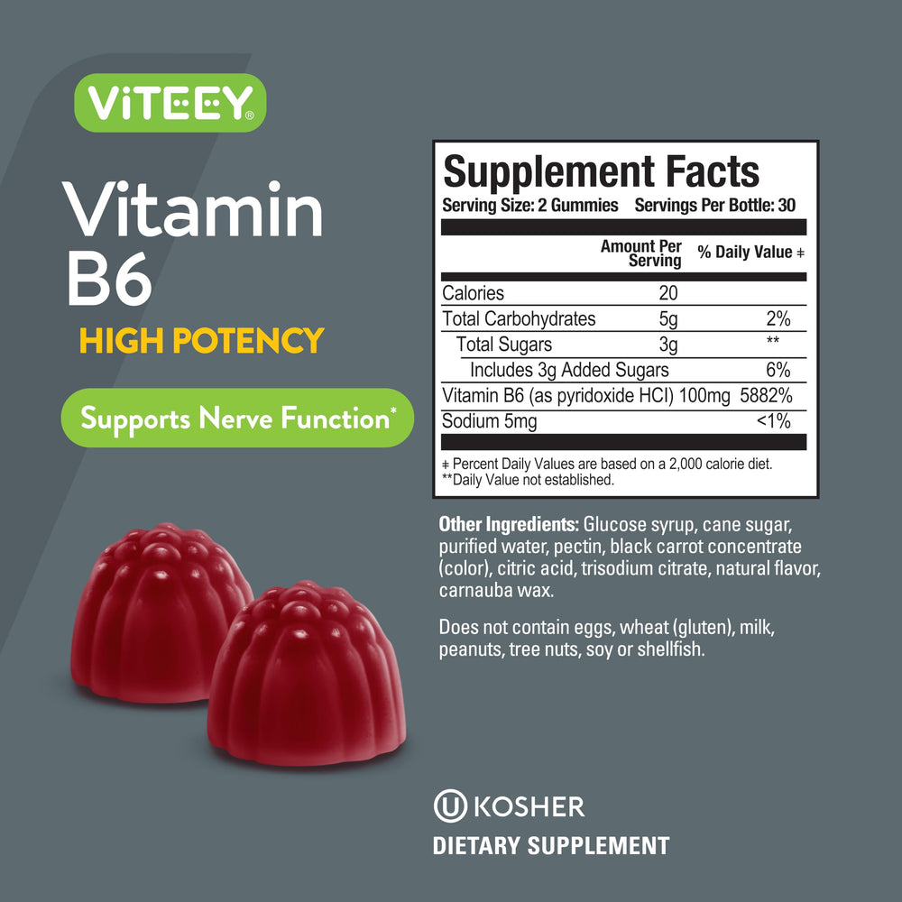 Viteey Vitamin B6 Gummies serving image shows daily dosage.