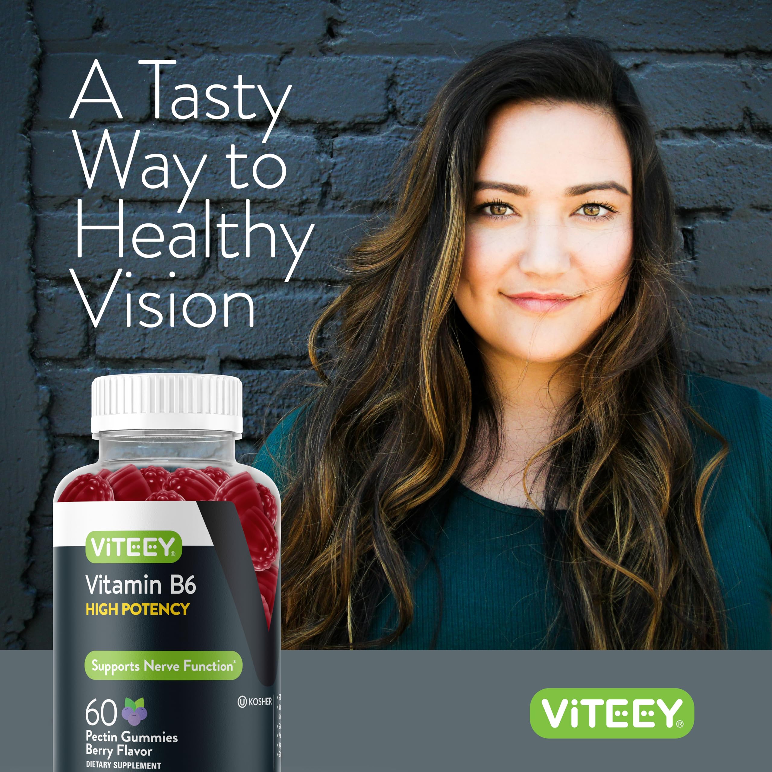 Viteey Vitamin B6 Gummies vegan and gluten-free seal visible.