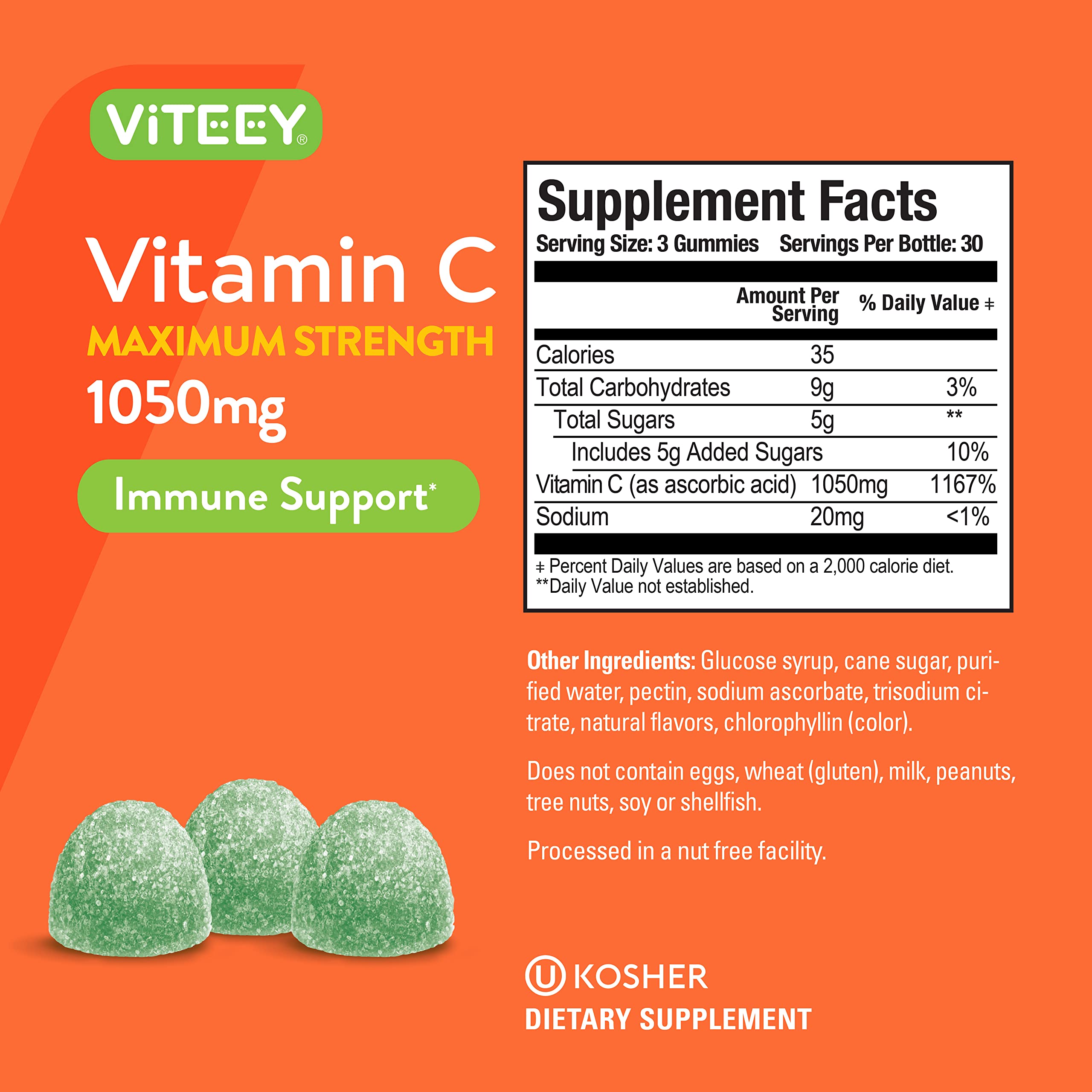 3-gummy serving visual demonstrating 1050mg vitamin C per serving.