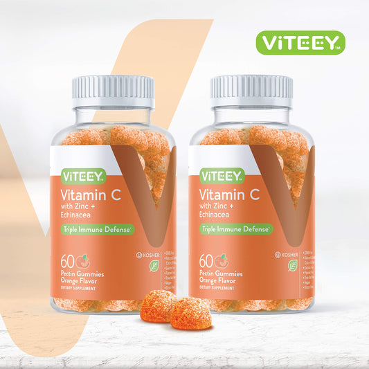 Viteey Vitamin C Gummies close-up reveals chewy texture and bright orange color
