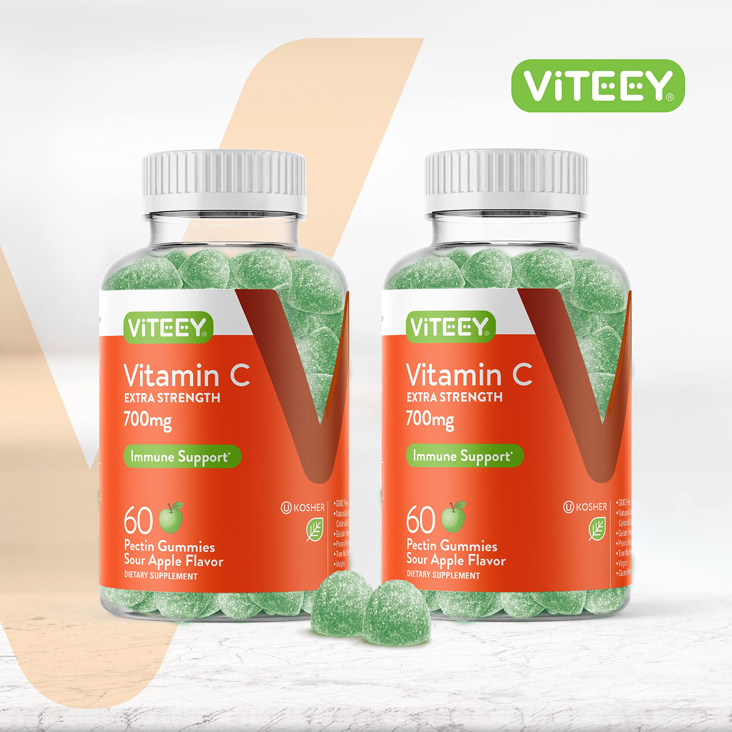 Close-up of Viteey sour apple gummies promoting convenient vitamin C intake.