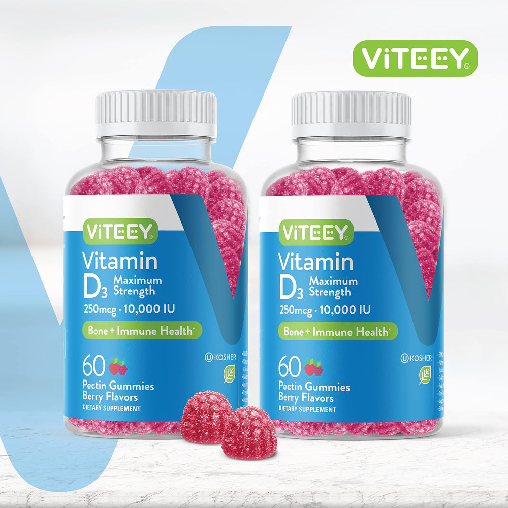 Close-up of Viteey D3 gummies pack showing vegetarian, gelatin-free formula.