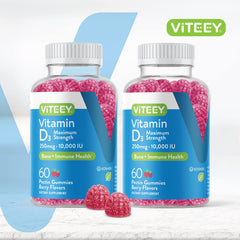 Close-up of Viteey D3 gummies pack showing vegetarian, gelatin-free formula.
