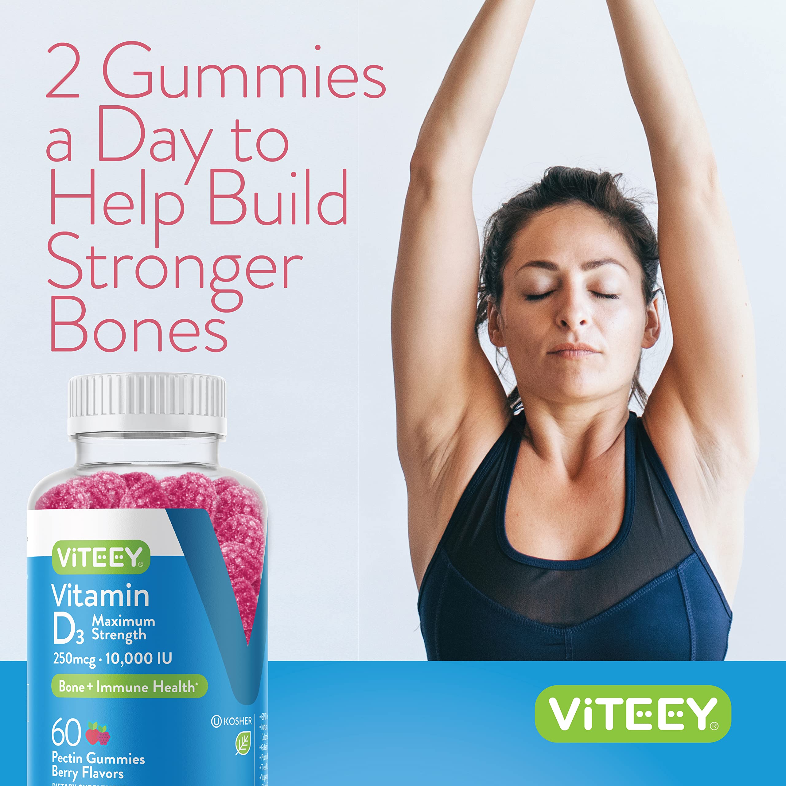 Viteey D3 gummies nutrition facts panel with 10,000 IU per serving.