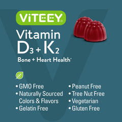 Viteey D3 K2 gummies nutrition facts panel supports clear serving guidance.