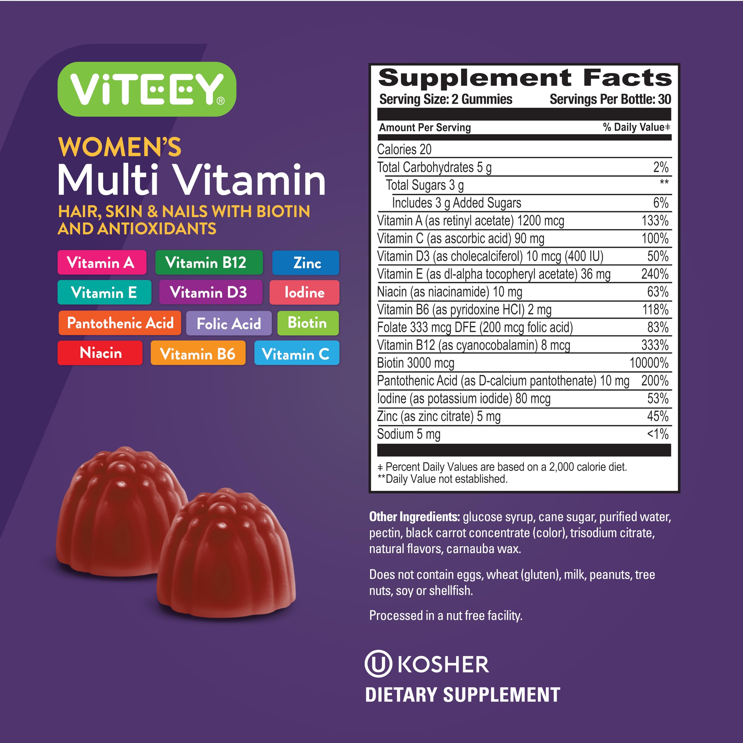 Viteey Berry-flavored gummies with vitamins and minerals in nutrition label view.