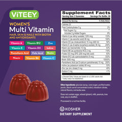 Viteey Berry-flavored gummies with vitamins and minerals in nutrition label view.