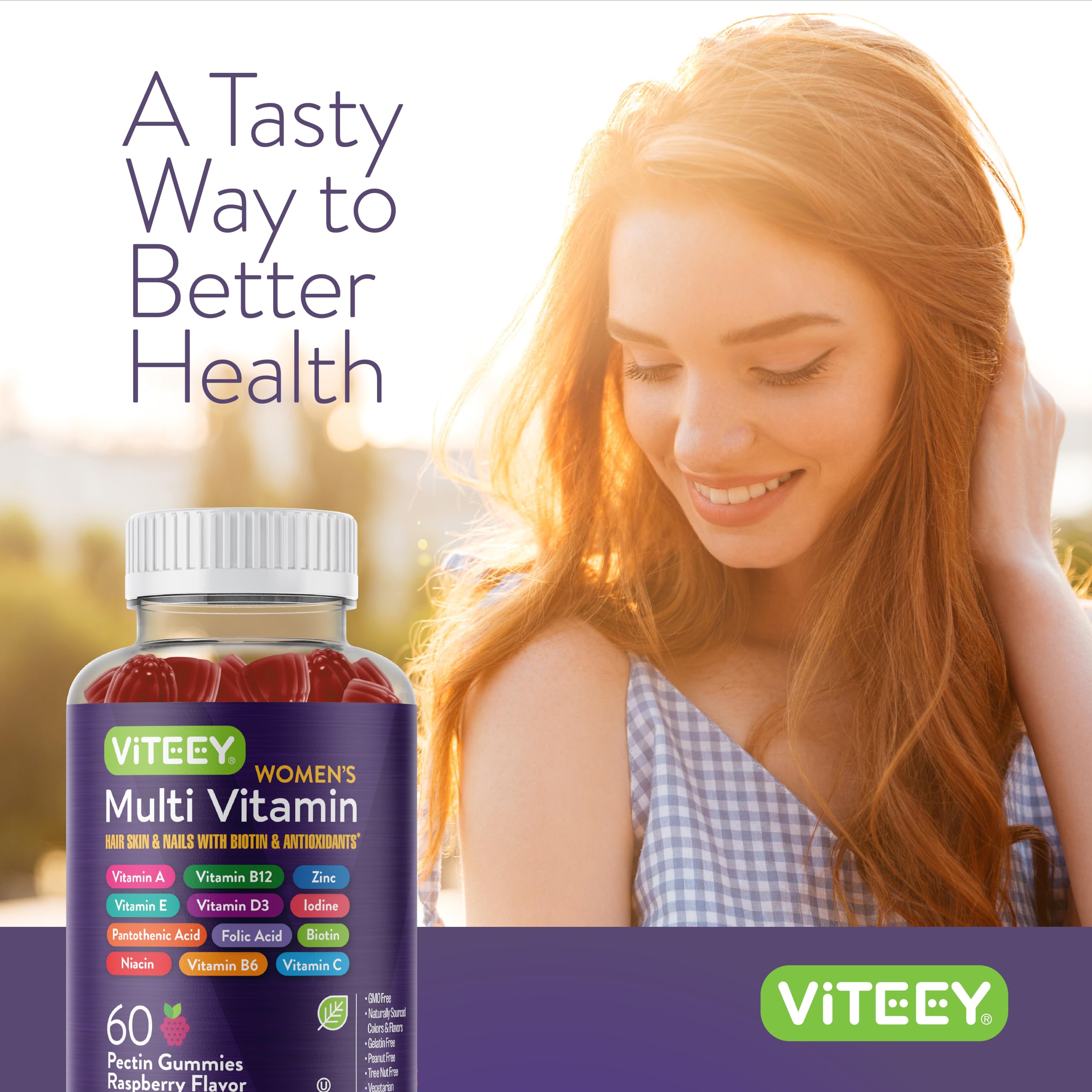 Viteey Raspberry flavored multivitamin gummies packaging highlighting ingredients.