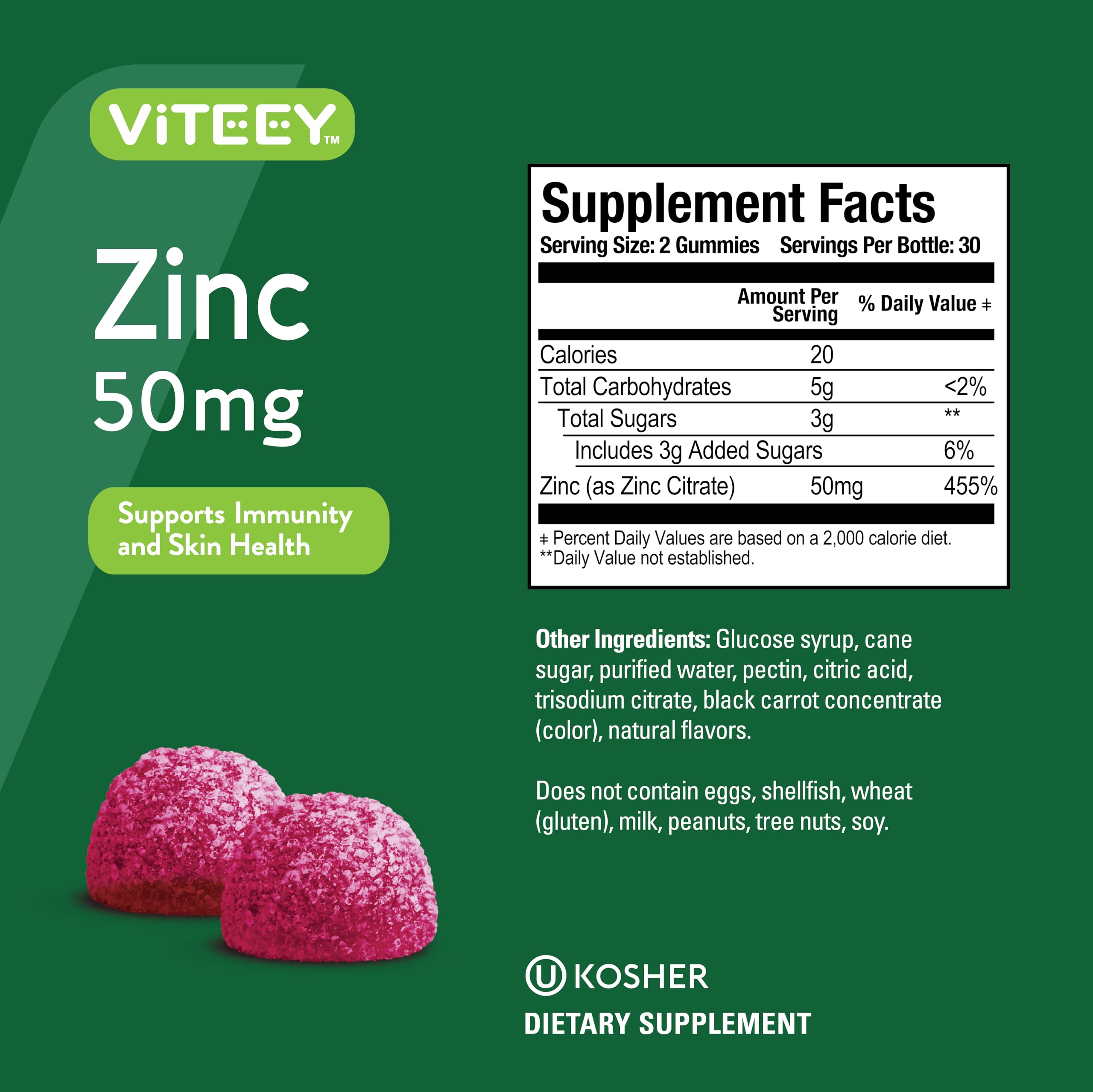 Viteey Zinc Gummies packaging shot confirms vegan and gluten-free ingredients.