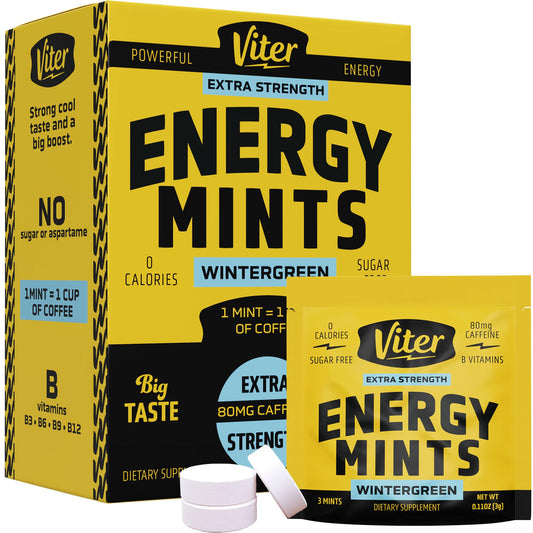 Viter Energy Caffeine Mints 80mg pack provides a compact on-the-go energy boost.