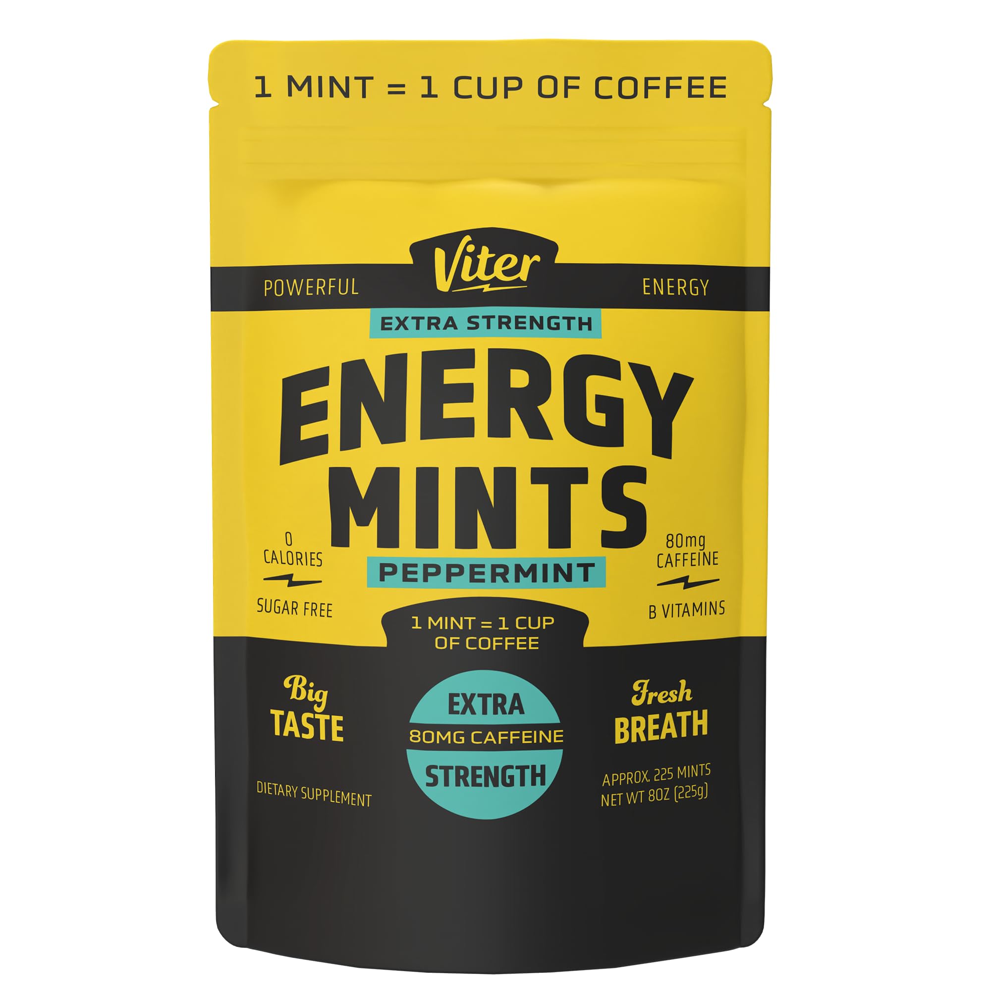 Viter Energy extra-strength mints bottle close-up showing 80 mg caffeine per mint