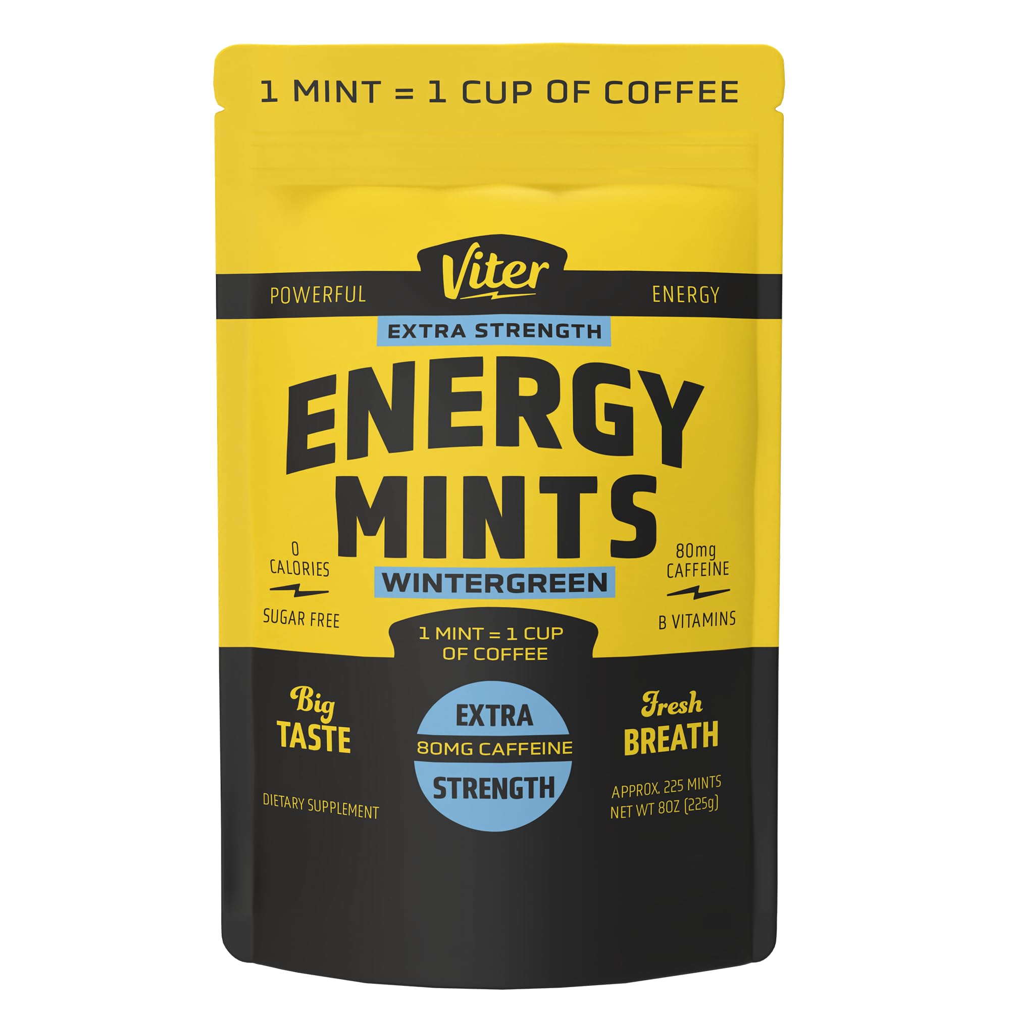 Viter Energy mints close-up showing 80mg caffeine for quick energy and focus.